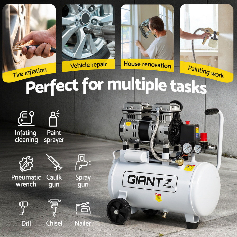 24L Air Compressor Quiet 0.75HP Oil-Free Portable Tyre Inflator 40L/Min