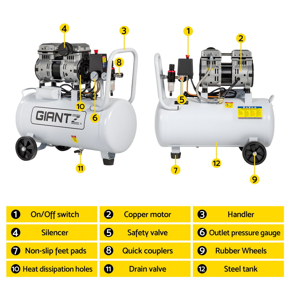 30L Air Compressor Quiet 0.75HP Oil-Free Portable Tyre Inflator 40L/Min