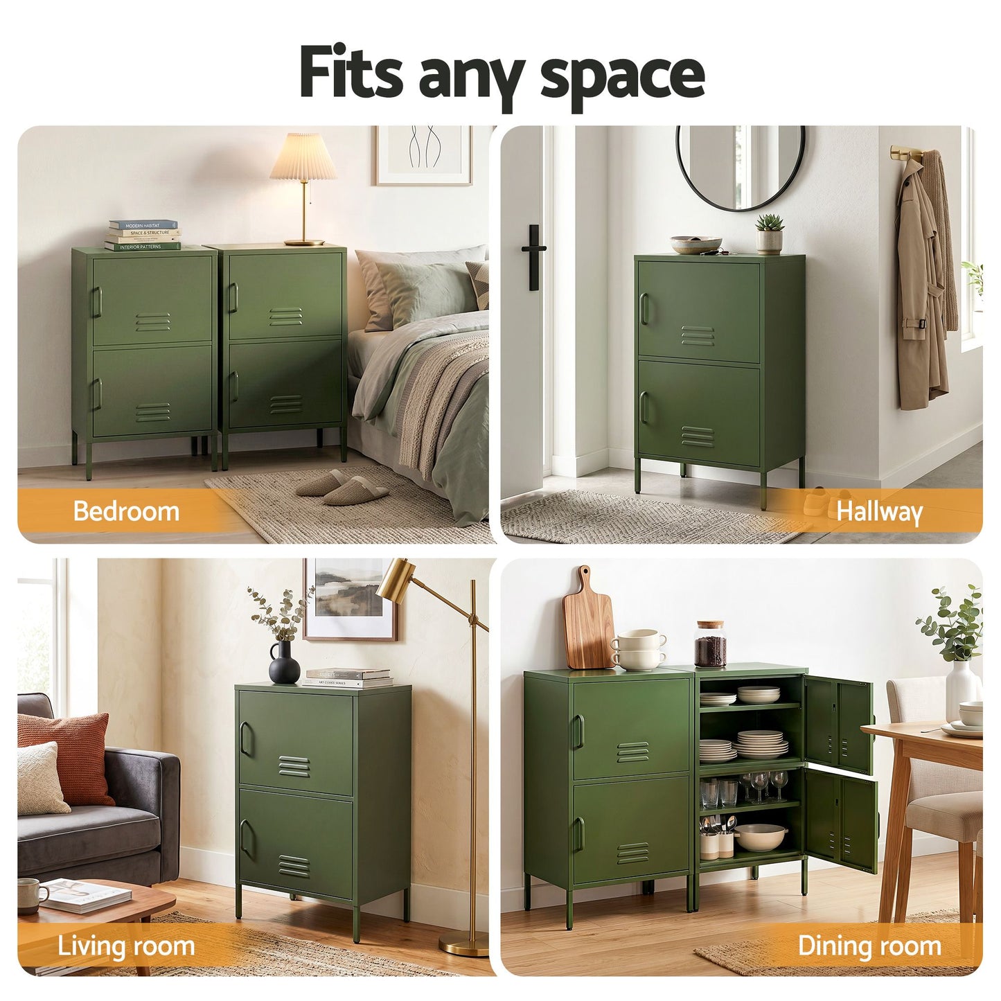 Set of 2 Dallin Buffet Sideboard Cabinet Storage Cupboard 2 Doors Metal - Green