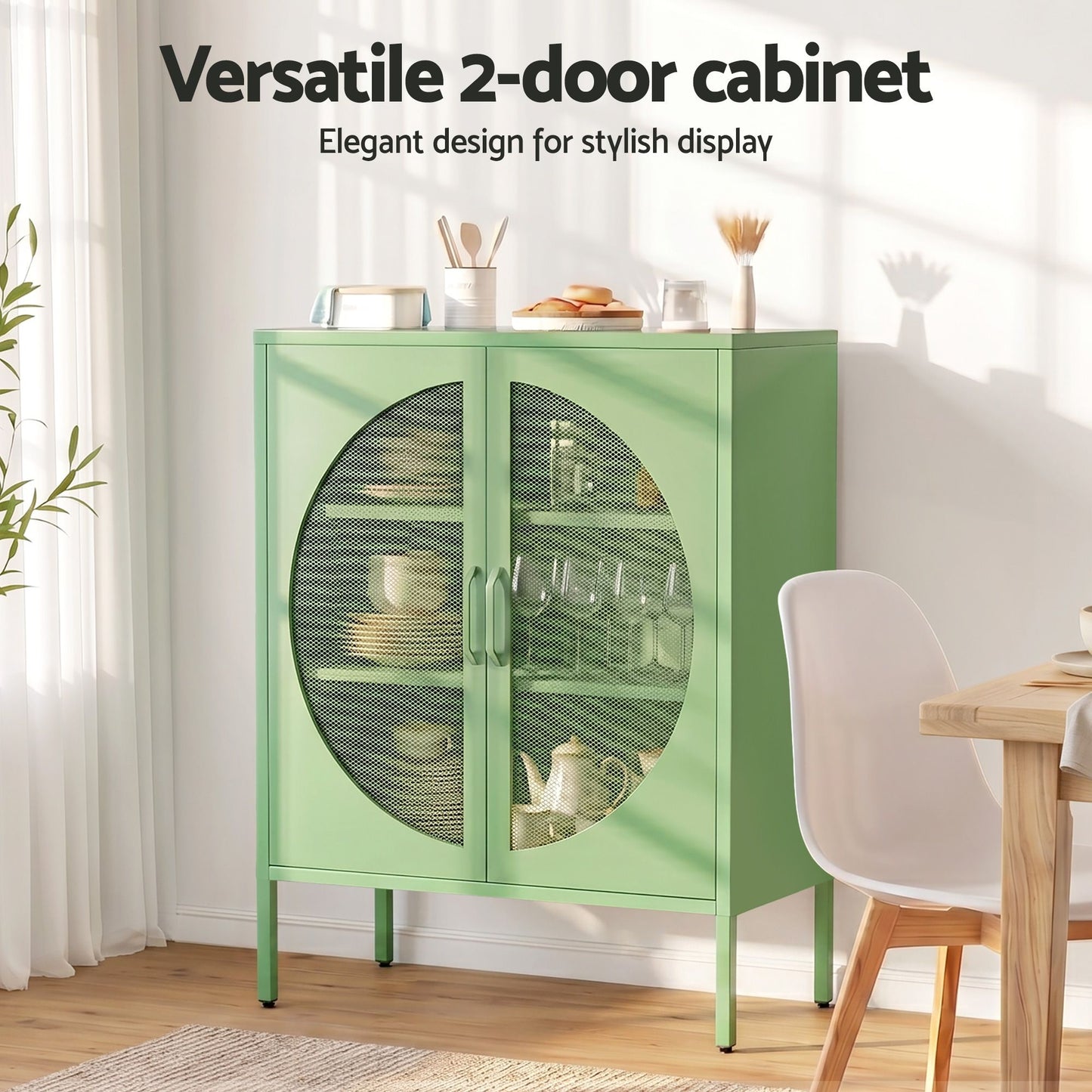 Set of 2 Cipher Buffet Sideboard Cabinet Cupboard Storage Mesh Doors Metal - Green
