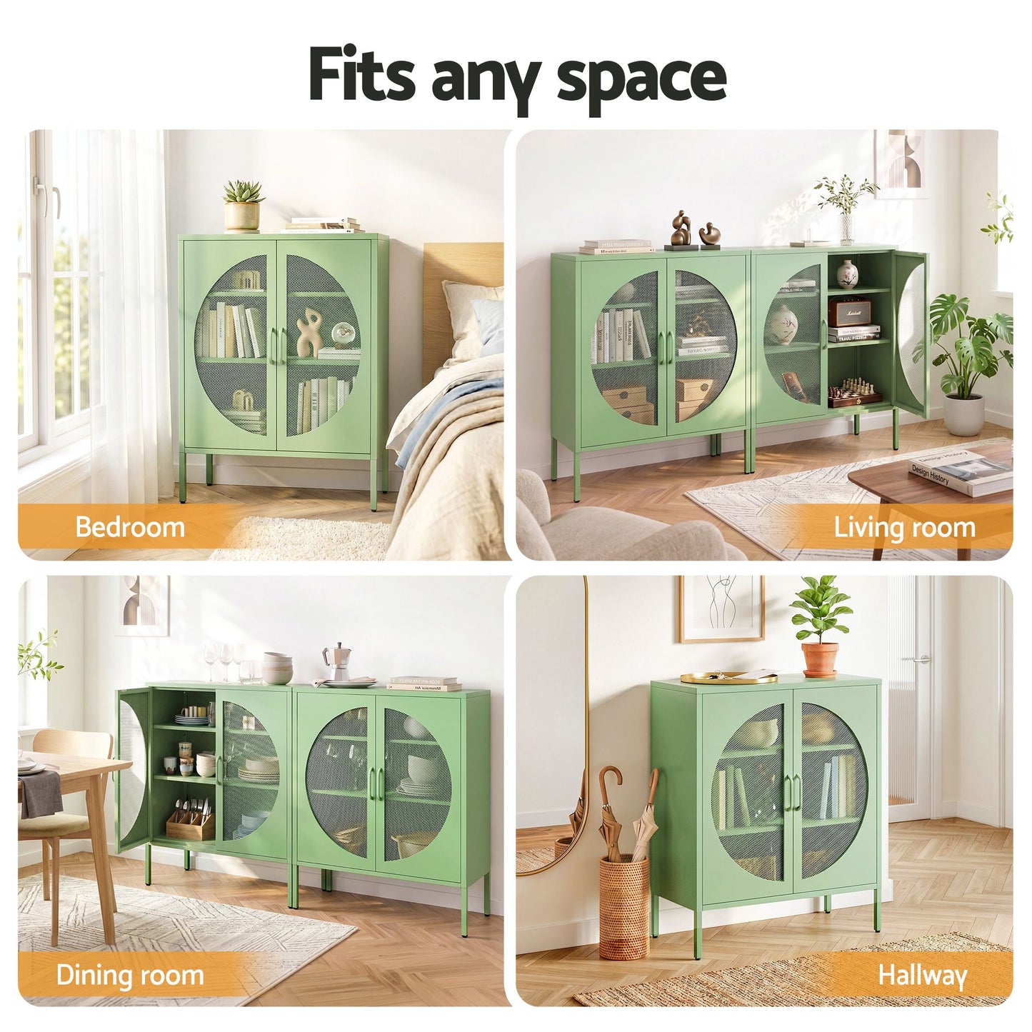 Set of 2 Cipher Buffet Sideboard Cabinet Cupboard Storage Mesh Doors Metal - Green