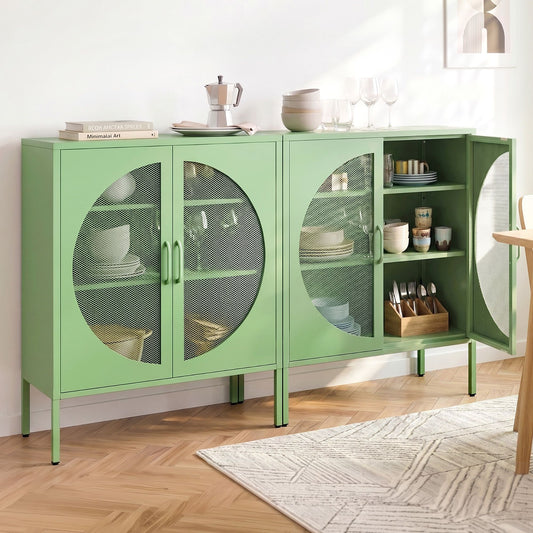 Set of 2 Cipher Buffet Sideboard Cabinet Cupboard Storage Mesh Doors Metal - Green