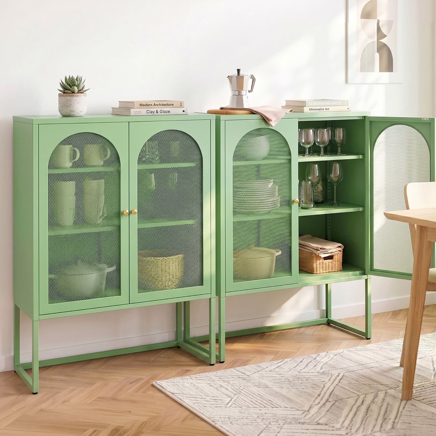 Set of 2 Kellen Buffet Sideboard Cabinet Cupboard Storage Mesh Doors Metal - Green