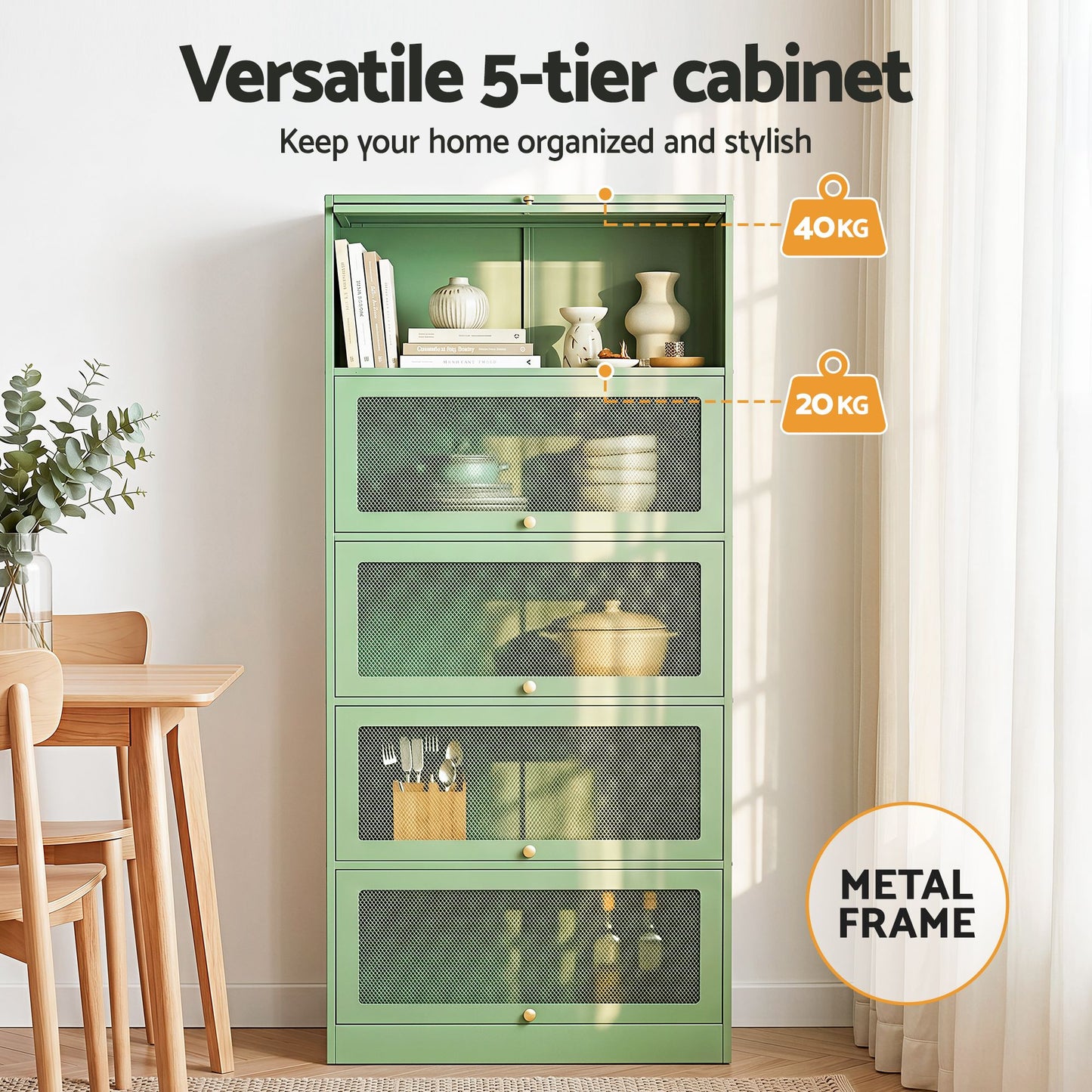 Set of 2 Kian Buffet Sideboard Cabinet Storage Cupboard Mesh Doors Metal - Green