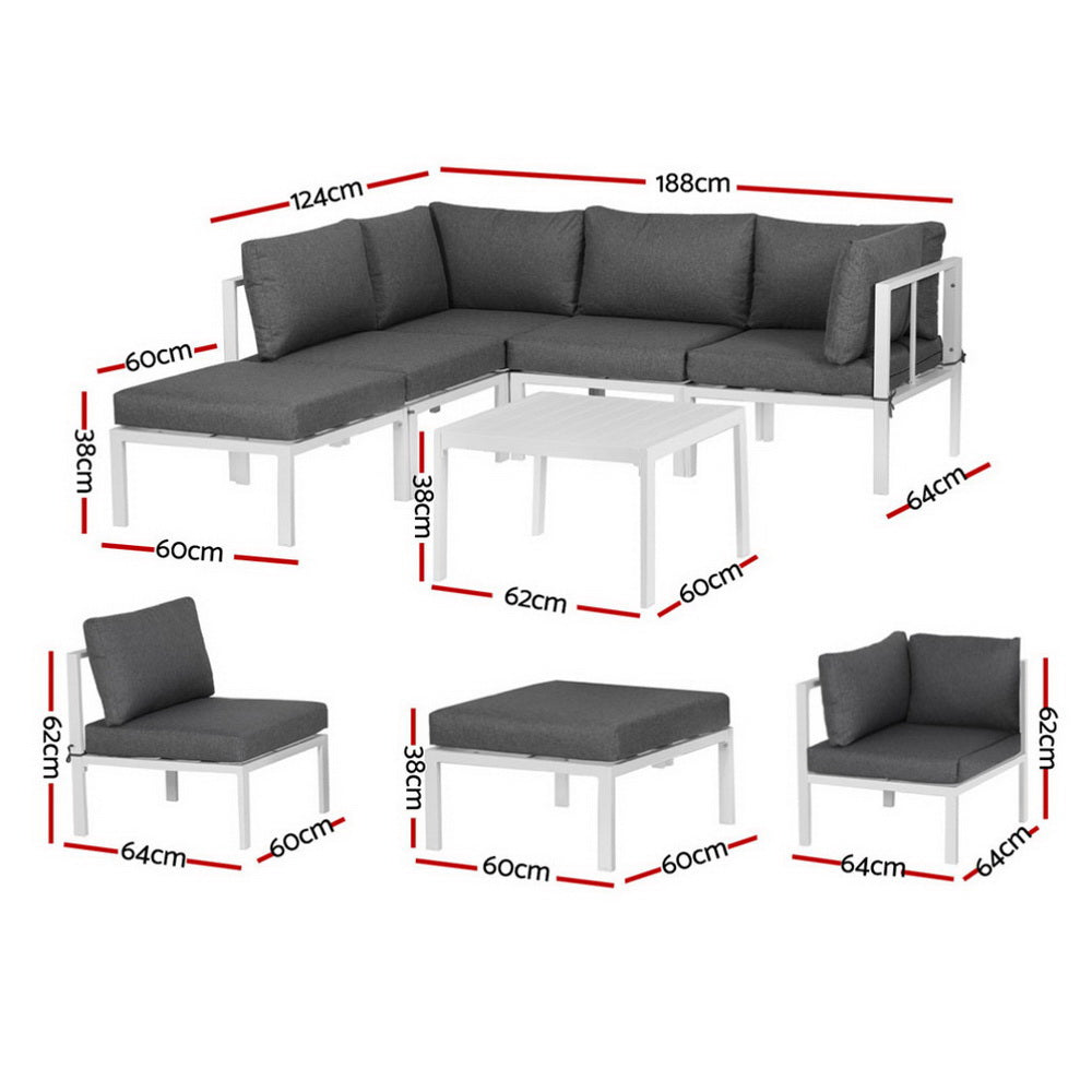 Atlas 5-Seater Outdoor Sofa Set Aluminium Table and Chairs Lounge Patio Furniture 6-Piece - Grey