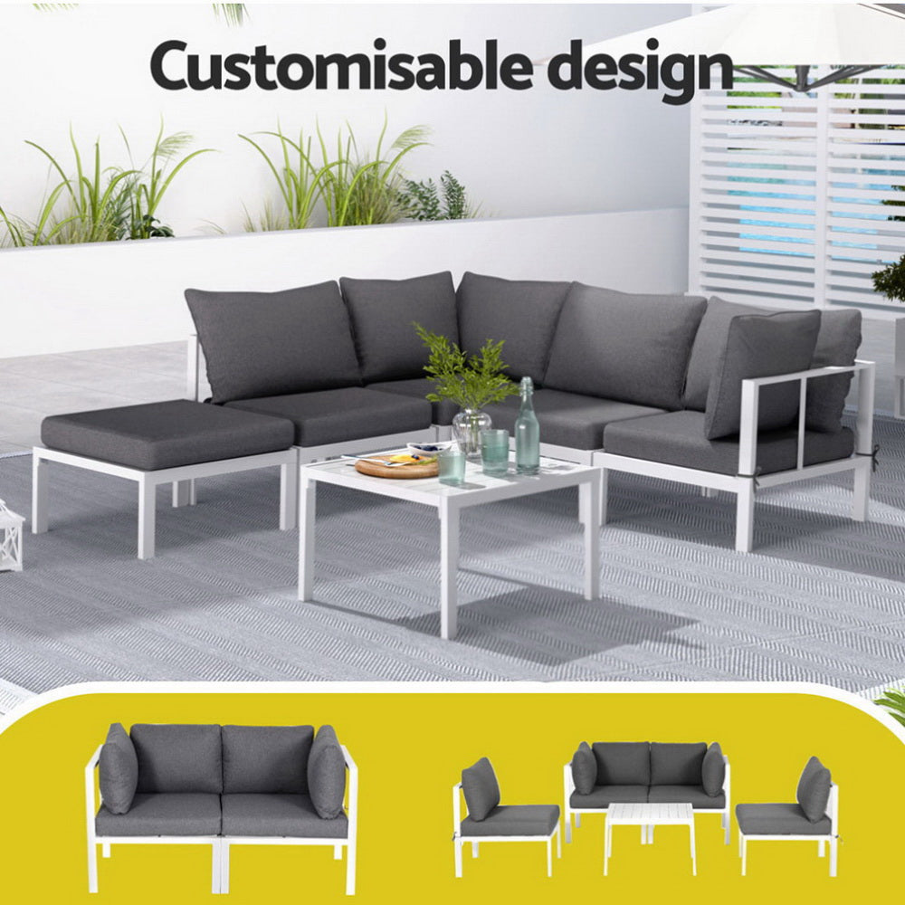 Atlas 5-Seater Outdoor Sofa Set Aluminium Table and Chairs Lounge Patio Furniture 6-Piece - Grey
