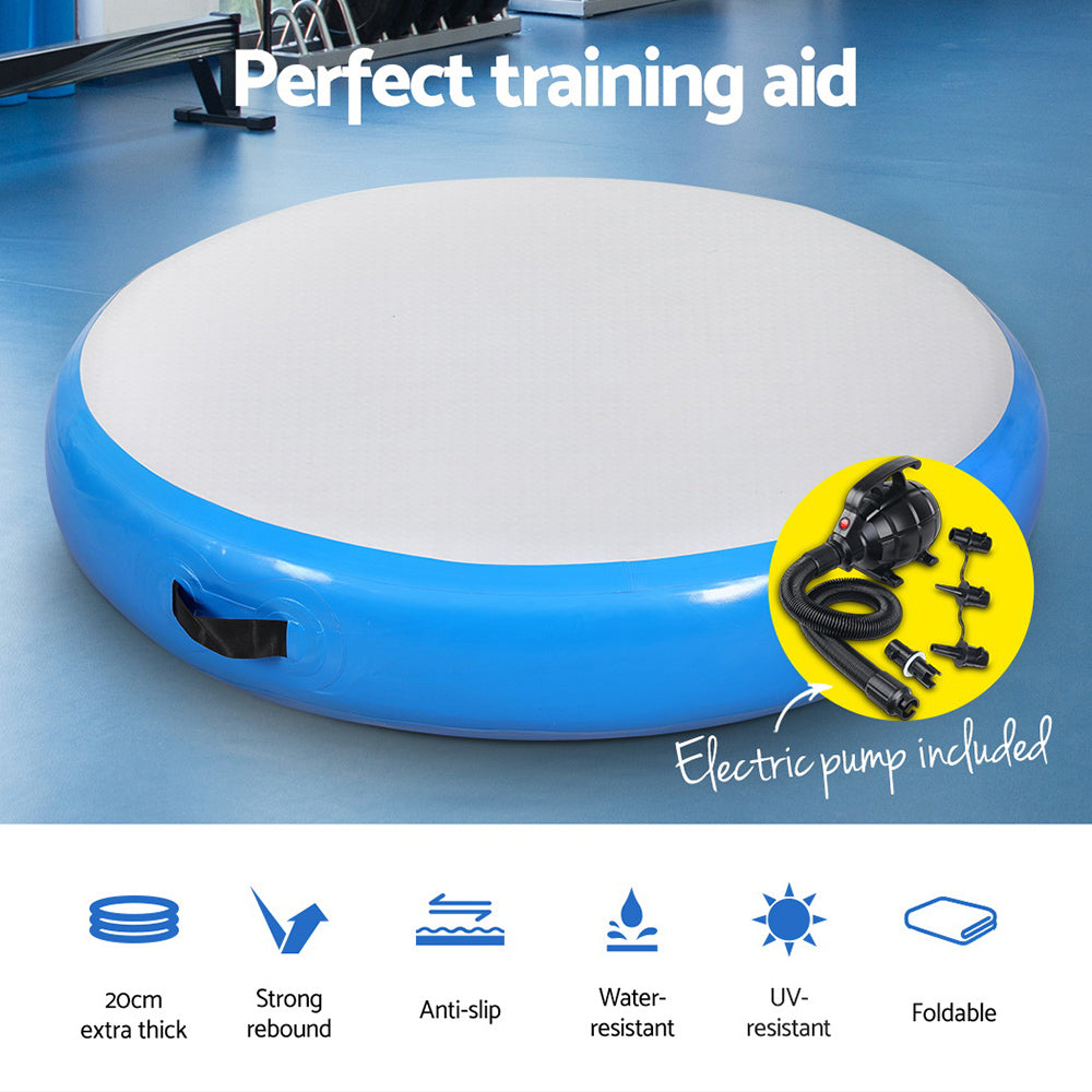 1m Air Track Spot Inflatable Gymnastics Tumbling Mat Round with Pump Blue