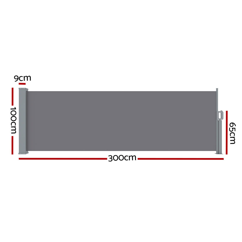 Instahut Side Awning Sun Shade Outdoor Blinds Retractable Screen 1x3M Grey