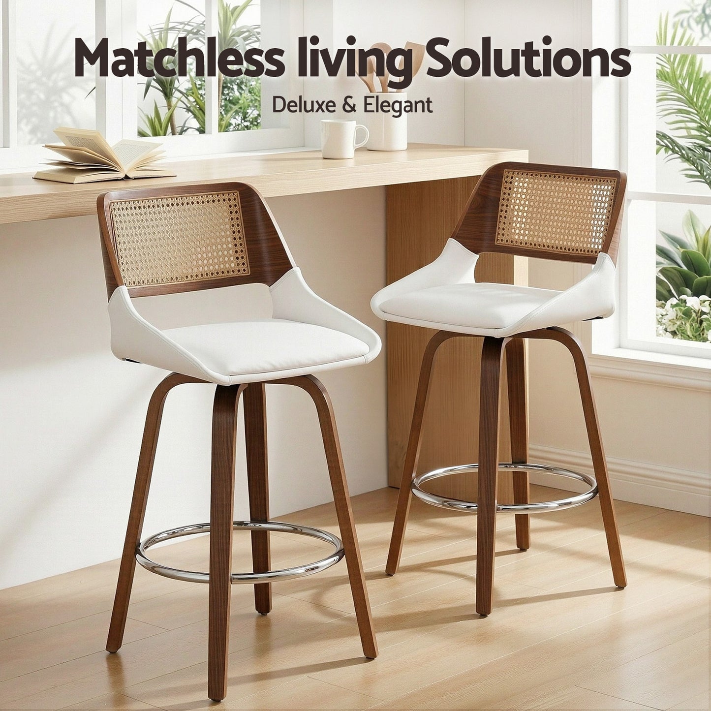 Set of 2 Colmar Wooden Bar Stools Swivel Kitchen Counter Stool Chair 60cm Seat Height - White