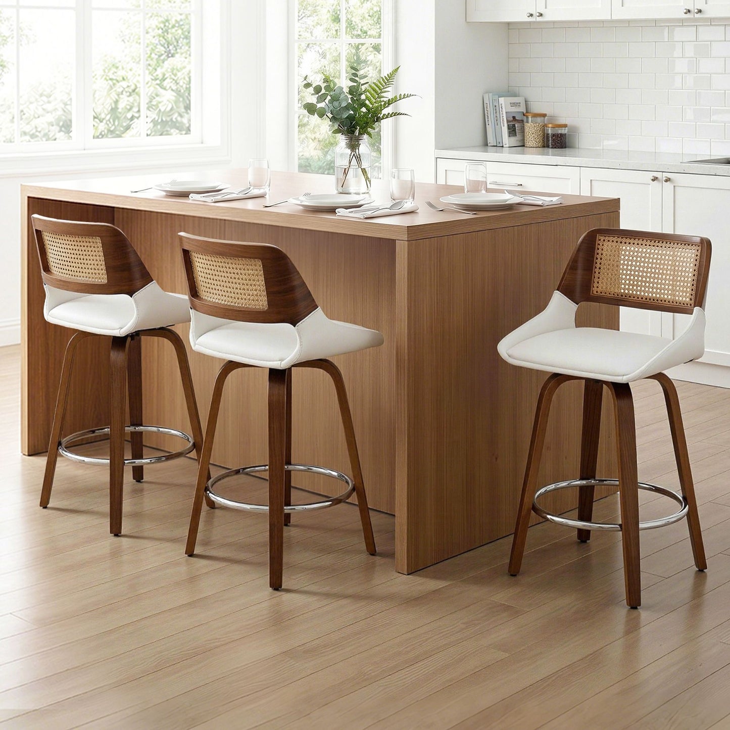 Set of 3 Colmar Wooden Bar Stools Swivel Kitchen Counter Stool Chair 60cm Seat Height - White