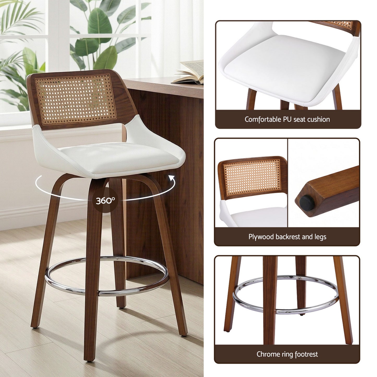 Set of 4 Colmar Wooden Bar Stools Swivel Kitchen Counter Stool Chair 60cm Seat Height - White