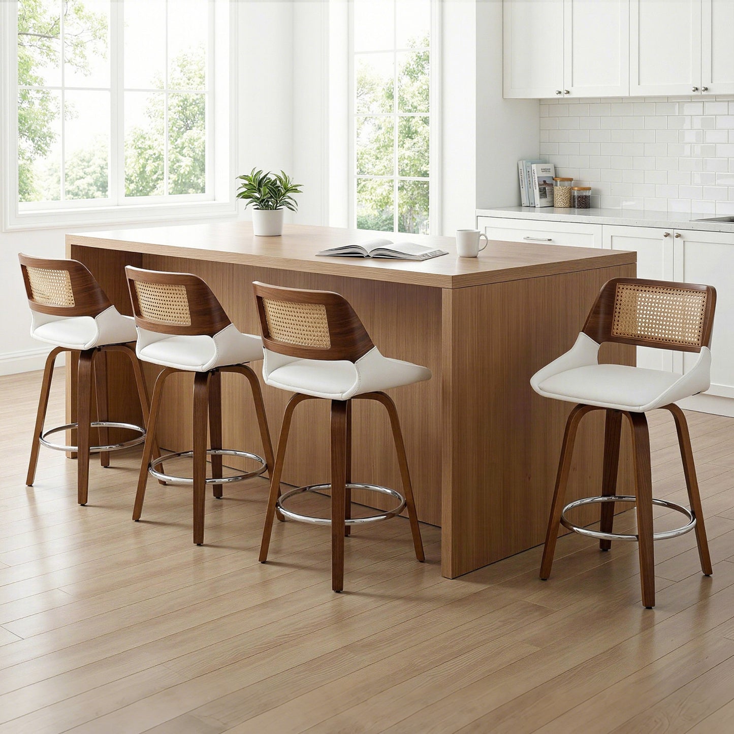 Set of 4 Colmar Wooden Bar Stools Swivel Kitchen Counter Stool Chair 60cm Seat Height - White