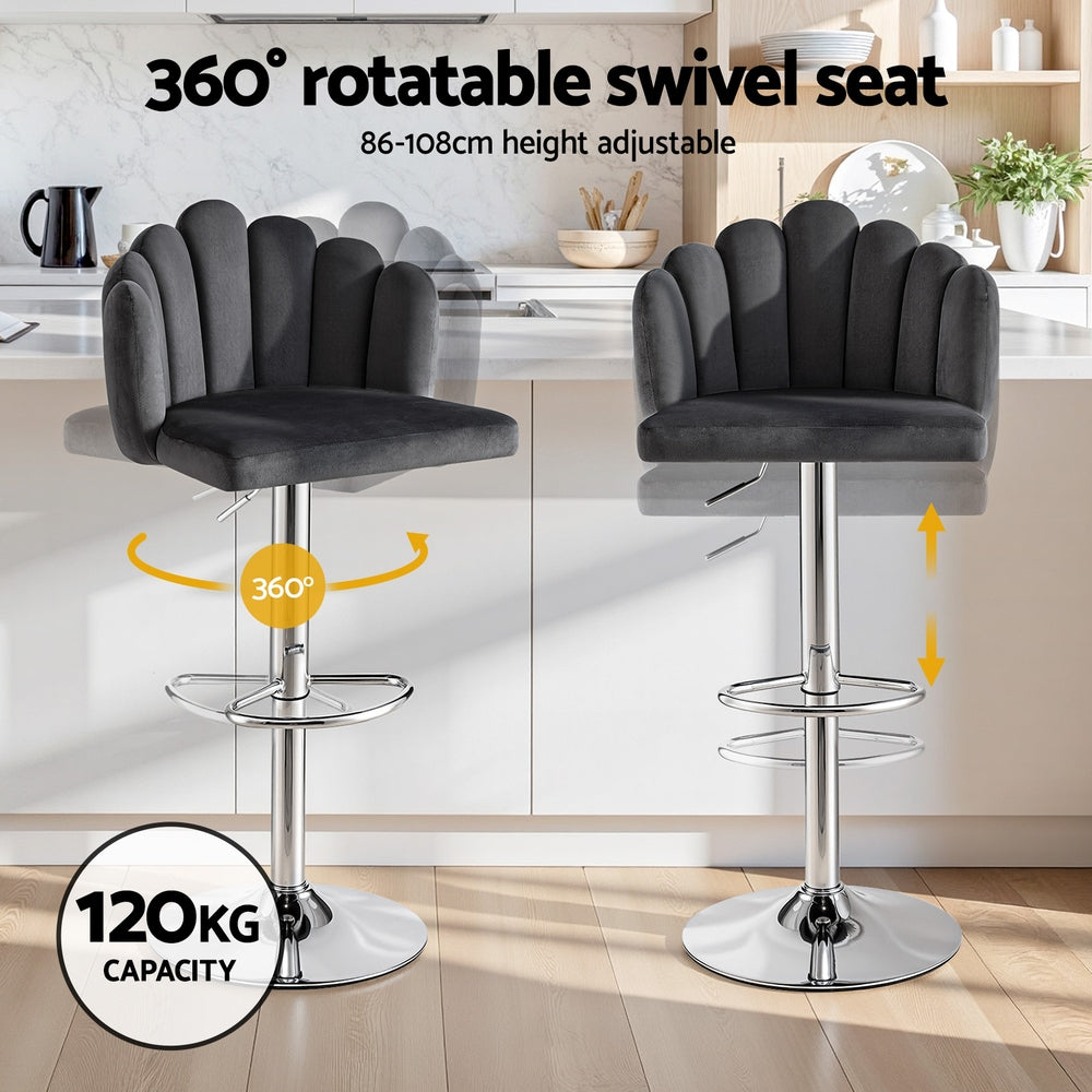 Set of 2 Graz Bar Stool X2 Kitchen Dining Counter Gaslift Chair Adjustable Velvet - Grey