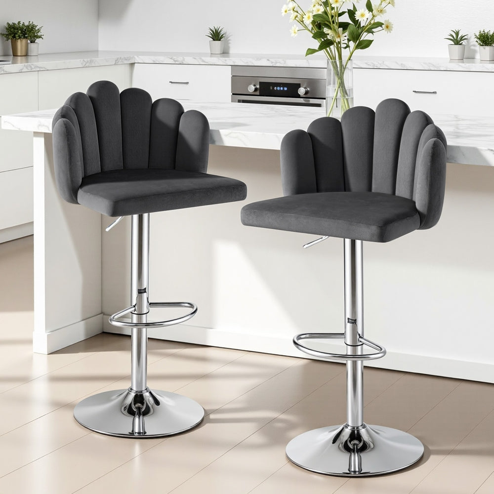 Set of 2 Graz Bar Stool X2 Kitchen Dining Counter Gaslift Chair Adjustable Velvet - Grey