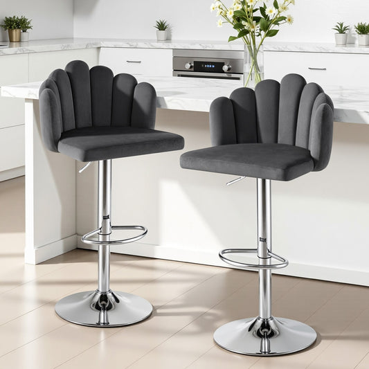 Set of 2 Graz Bar Stool X2 Kitchen Dining Counter Gaslift Chair Adjustable Velvet - Grey