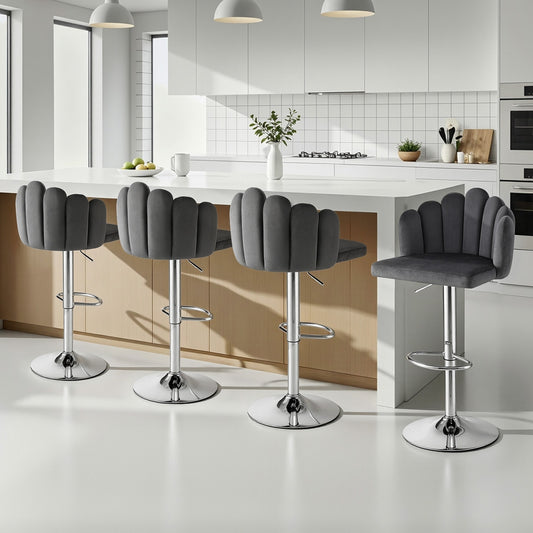 Set of 4 Graz Bar Stool X4 Kitchen Dining Counter Gaslift Chair Adjustable Velvet - Grey