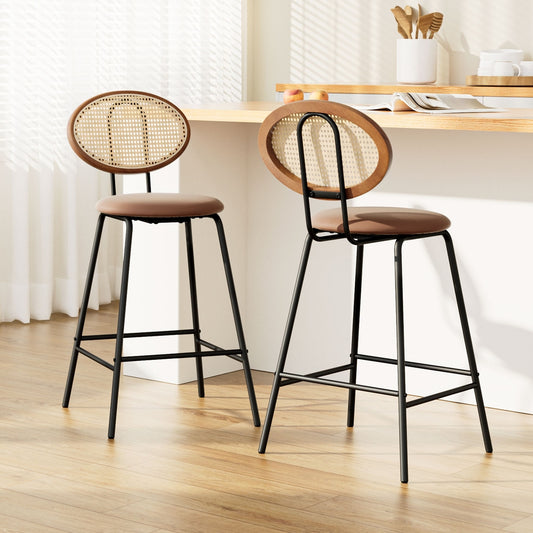 Set of 2 Valletta Bar Stools Kitchen Stool Metal Counter Rattan - Brown