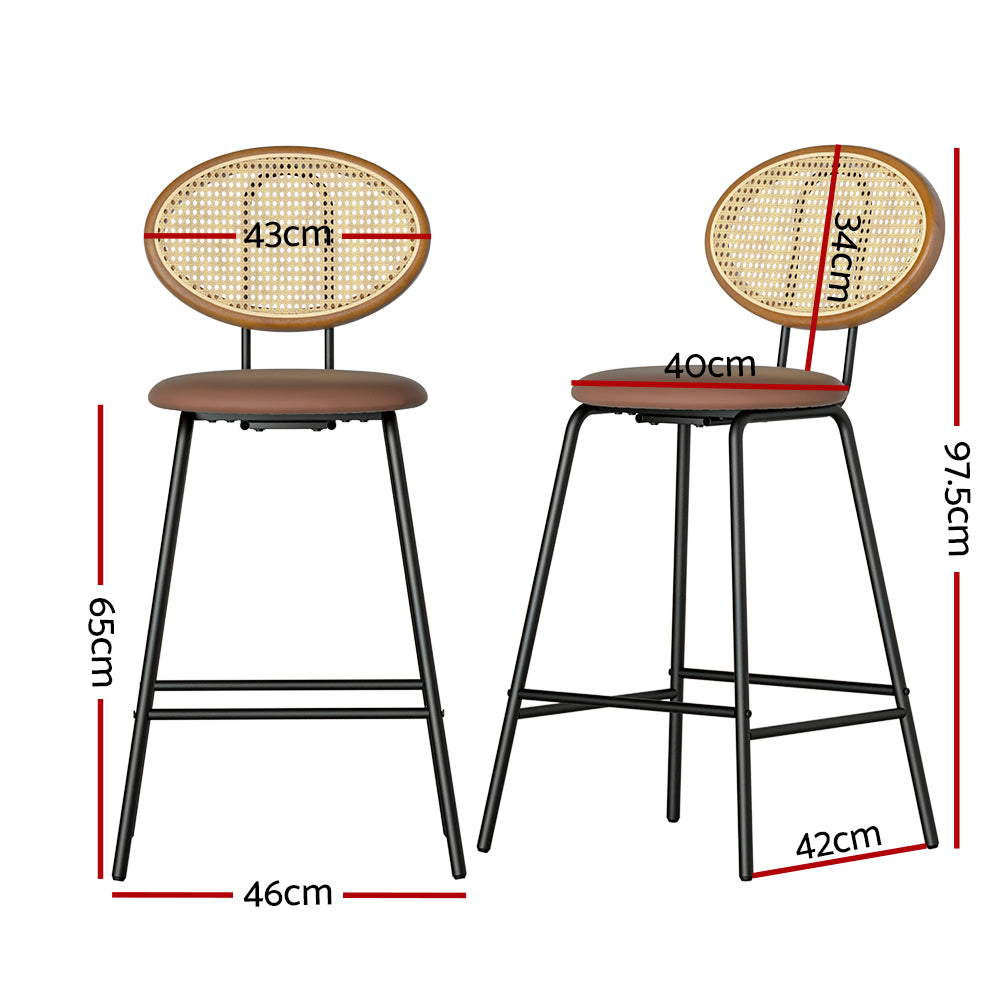 Set of 2 Valletta Bar Stools Kitchen Stool Metal Counter Rattan - Brown