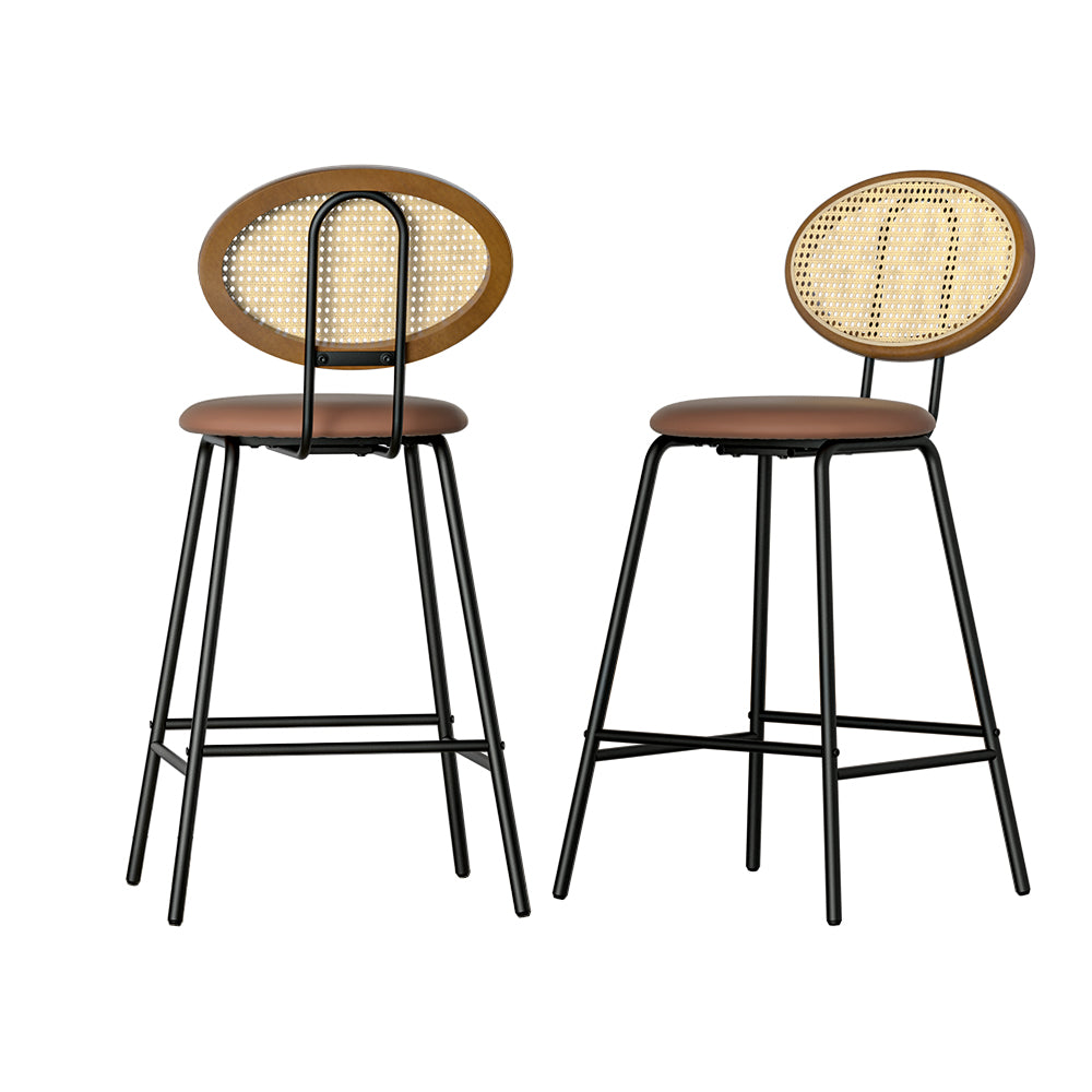 Set of 2 Valletta Bar Stools Kitchen Stool Metal Counter Rattan - Brown