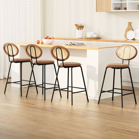 Set of 4 Valletta Bar Stools PU Leather Stools - Brown