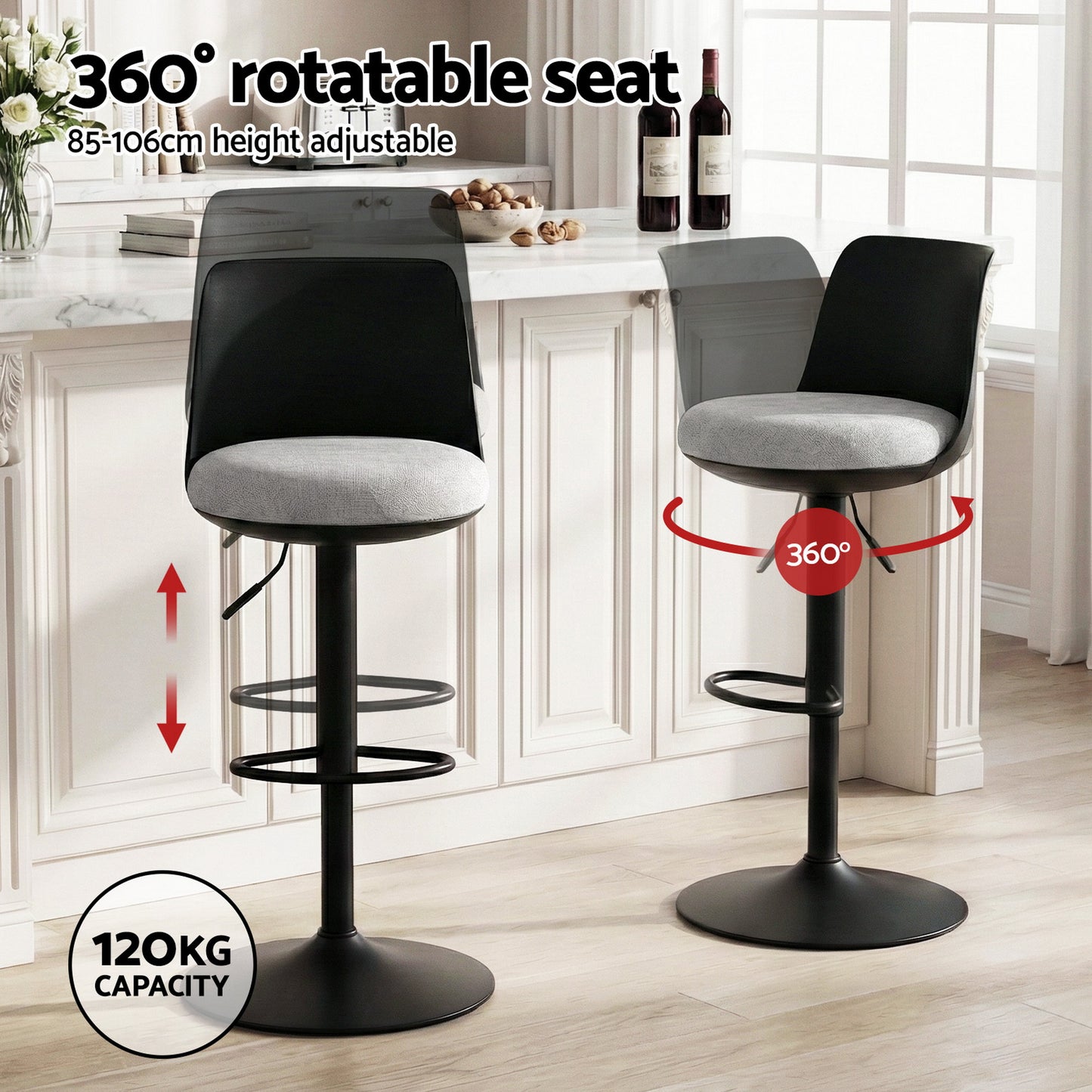 Set of 2 Ohrid Bar Stools Kitchen Swivel Gas Lift Counter Dining Chair Curved - Black