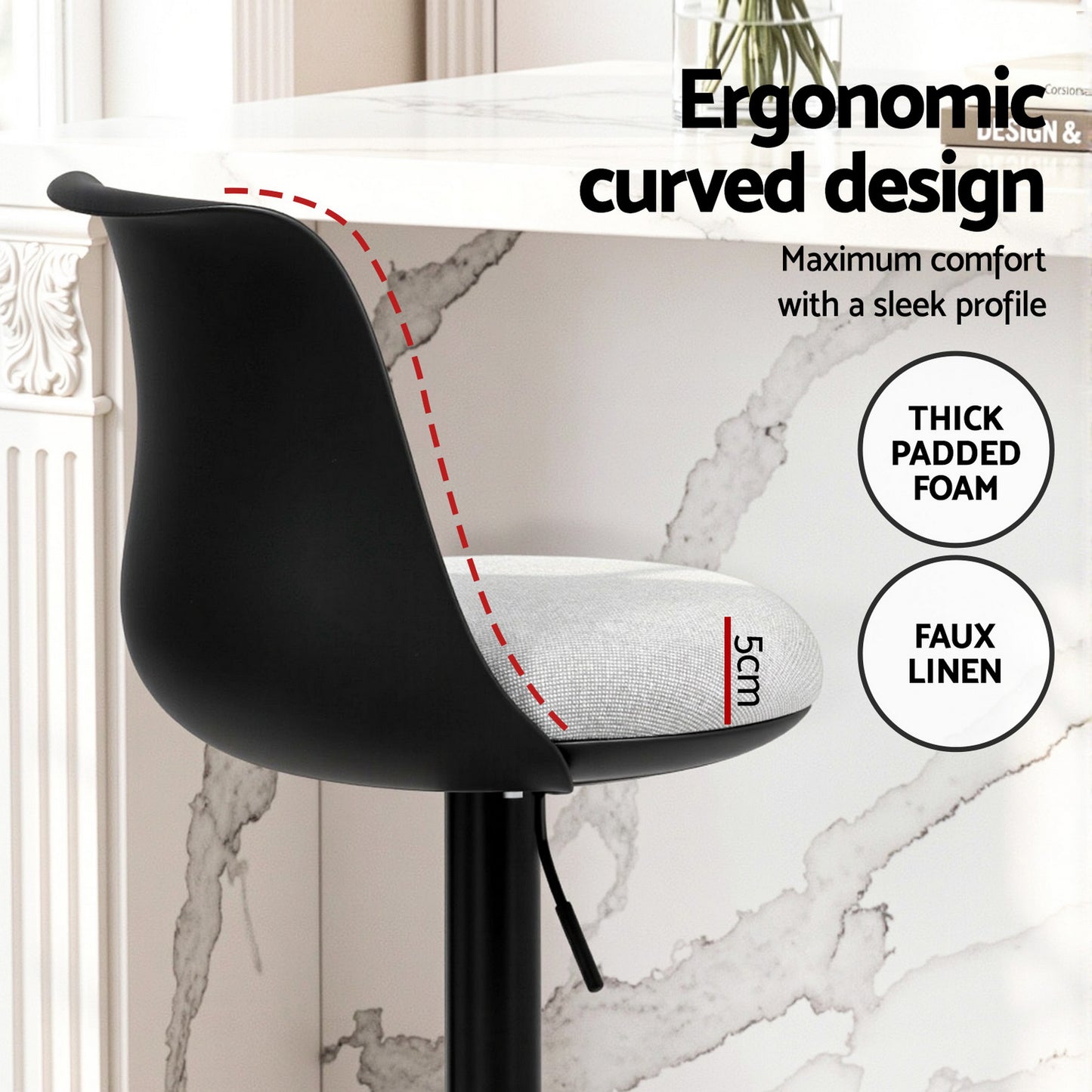 Set of 2 Ohrid Bar Stools Kitchen Swivel Gas Lift Counter Dining Chair Curved - Black
