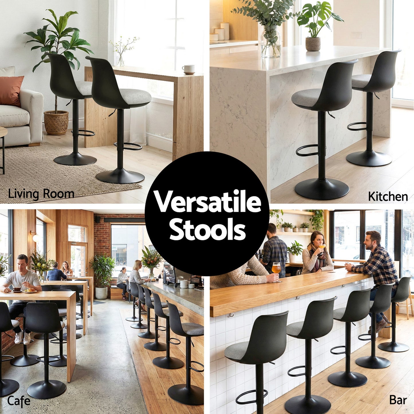 Set of 2 Ohrid Bar Stools Kitchen Swivel Gas Lift Counter Dining Chair Curved - Black