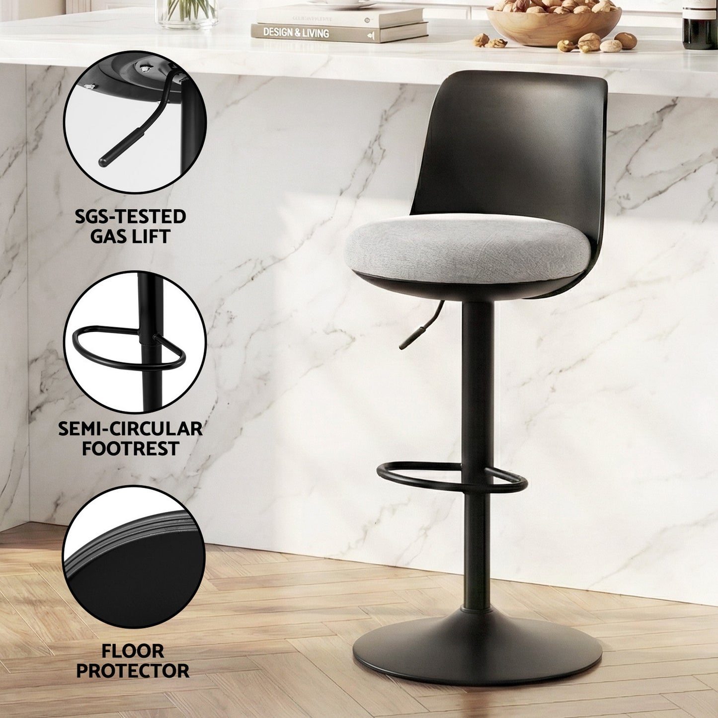 Set of 4 Ohrid Bar Stools Kitchen Swivel Gas Lift Counter Dining Chair Curved - Black