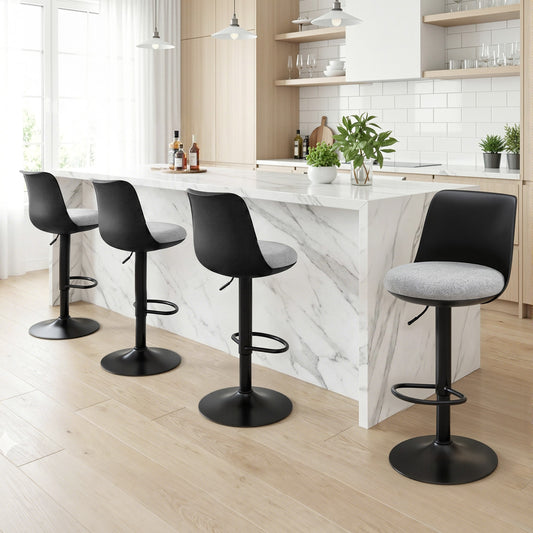 Set of 4 Ohrid Bar Stools Kitchen Swivel Gas Lift Counter Dining Chair Curved - Black