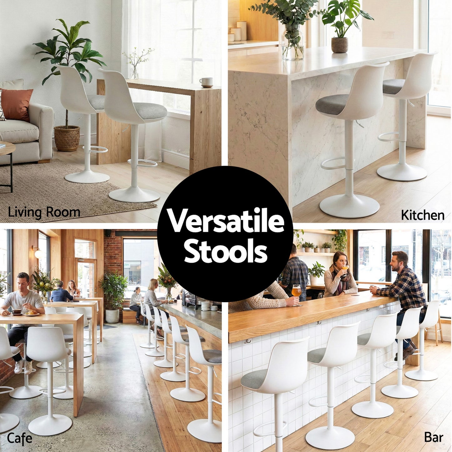 Set of 4 Ohrid Bar Stools Kitchen Swivel Gas Lift Counter Dining Chair Curved - White