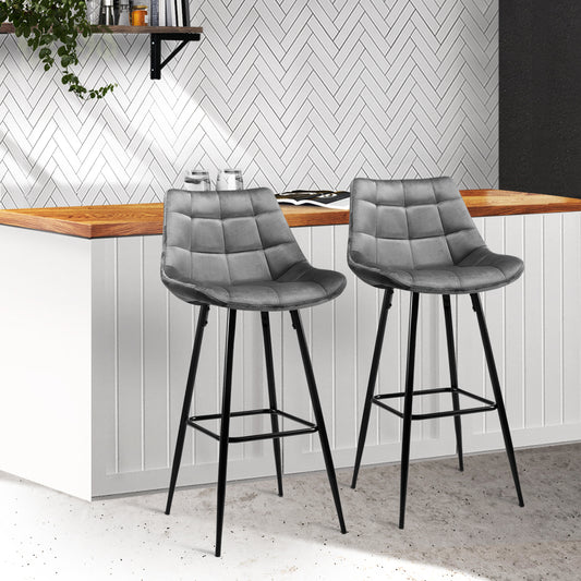Set of 2 Loures Velvet Bar Stools - Grey