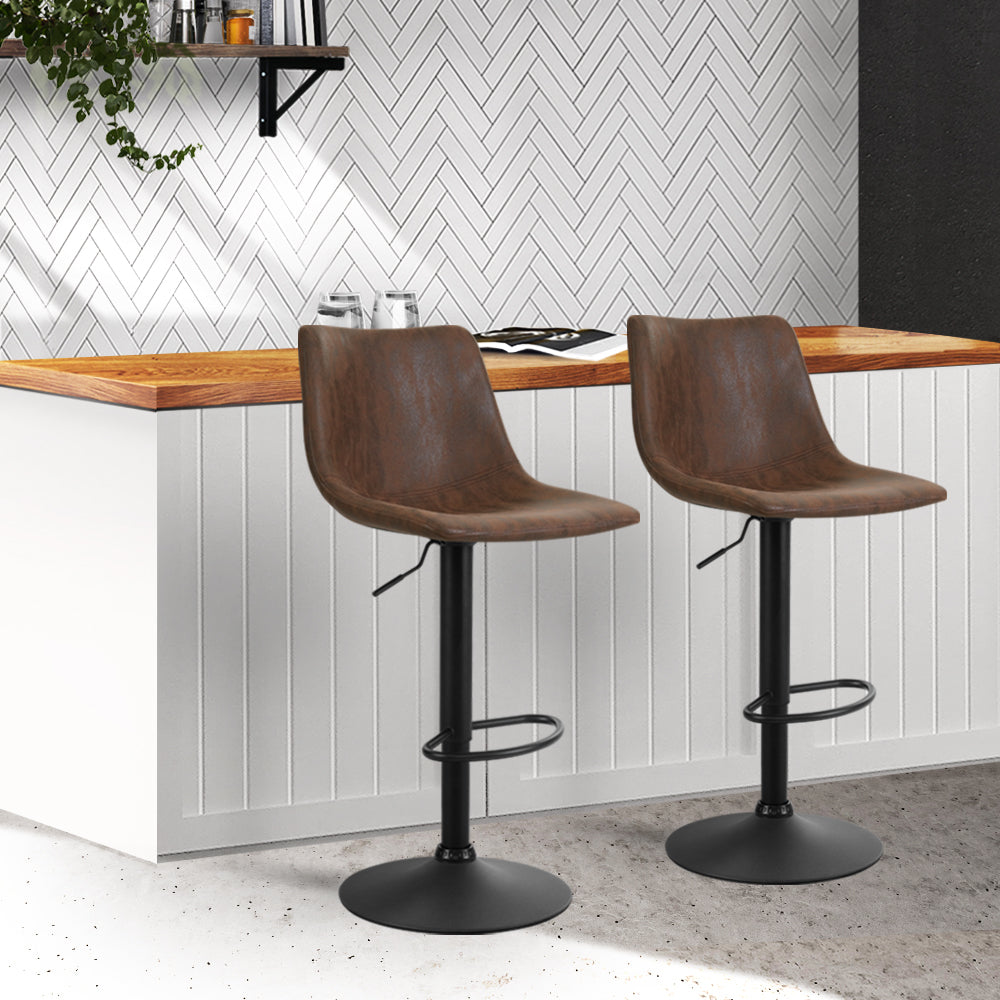 Set of 2 Leiria Kitchen Bar Stools Gas Lift Stool Chairs Swivel Barstools Vintage Fabric - Brown