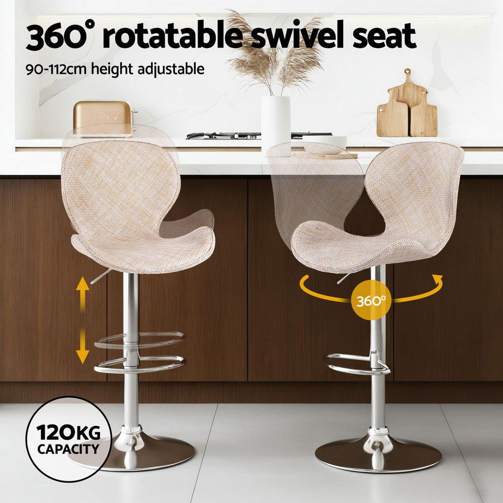 Set of 2 Visby Bar Stools Kitchen Swivel Gas Lift Counter Chair Wing PE Rattan - Beige