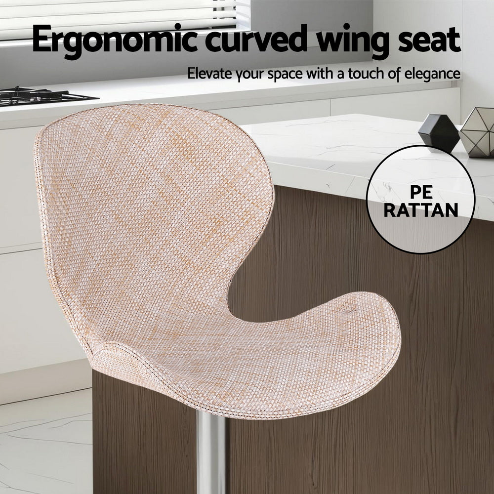 Set of 2 Visby Bar Stools Kitchen Swivel Gas Lift Counter Chair Wing PE Rattan - Beige