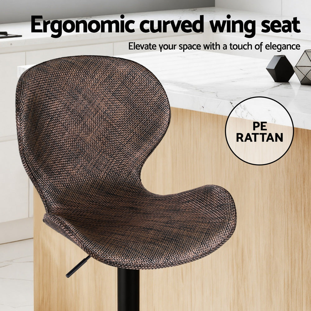 Set of 4 Visby Bar Stools Kitchen Swivel Gas Lift Counter Chair Wing PE Rattan - Brown