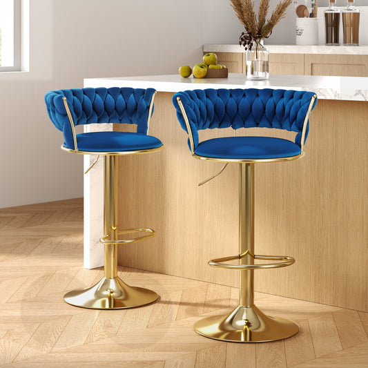 Set of 2 Saldus Bar Stools Gas Lift Velvet Woven Backrest - Navy