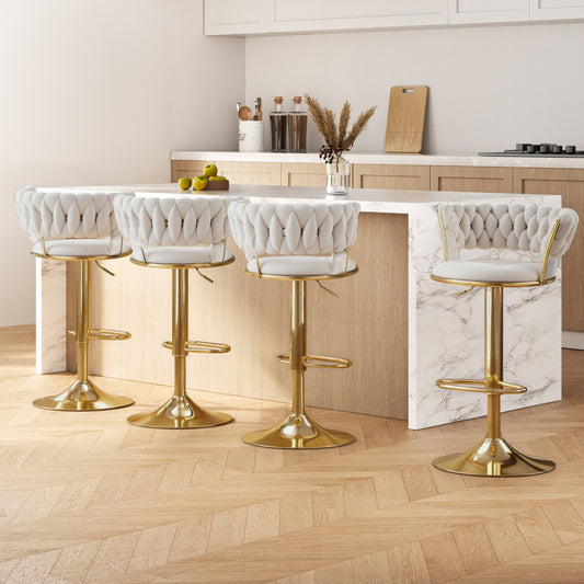 Set of 4 Saldus Bar Stools Gas Lift Velvet Woven Backrest - Ivory