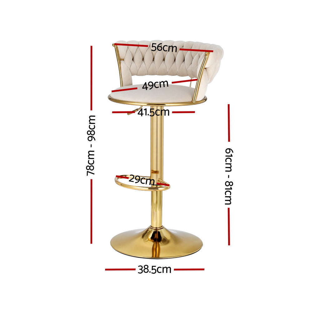 Set of 4 Saldus Bar Stools Gas Lift Velvet Woven Backrest - Ivory