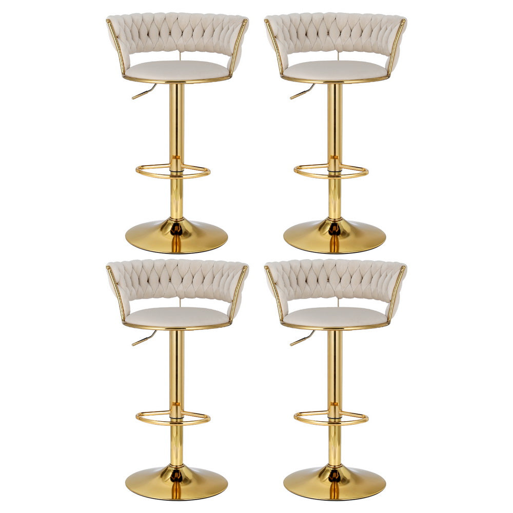 Set of 4 Saldus Bar Stools Gas Lift Velvet Woven Backrest - Ivory