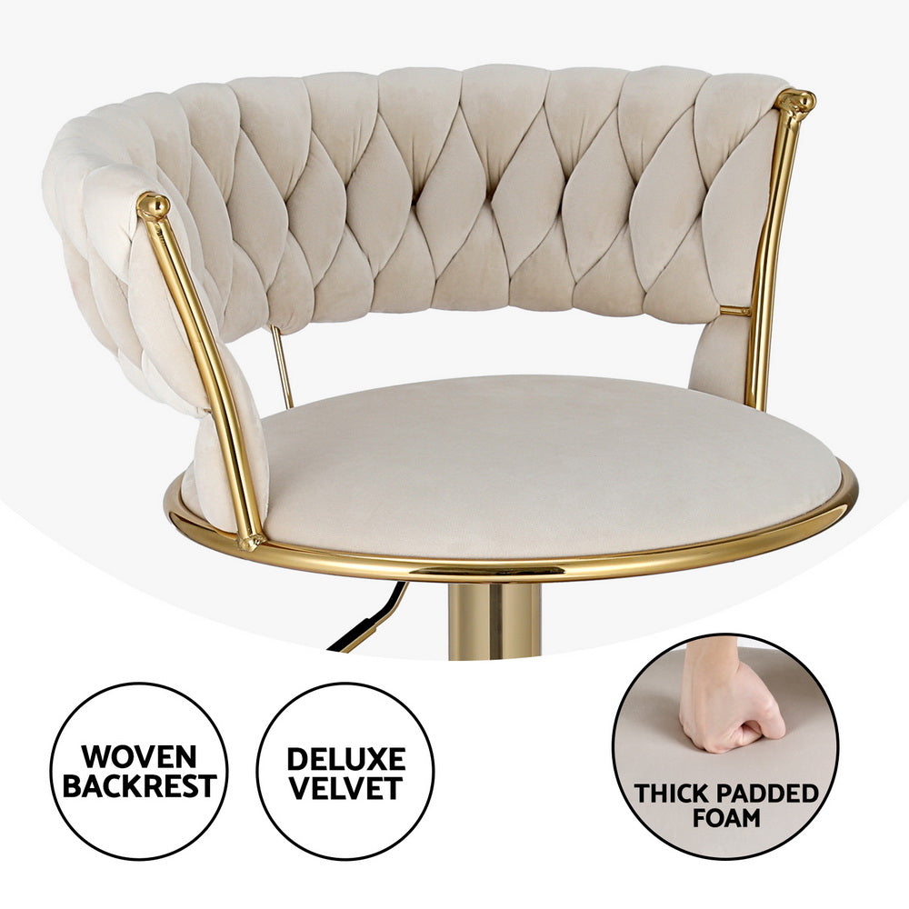 Set of 4 Saldus Bar Stools Gas Lift Velvet Woven Backrest - Ivory