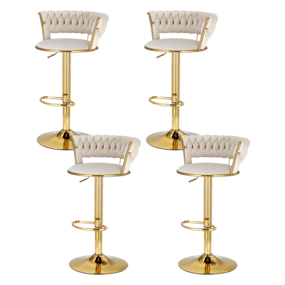 Set of 4 Saldus Bar Stools Gas Lift Velvet Woven Backrest - Ivory