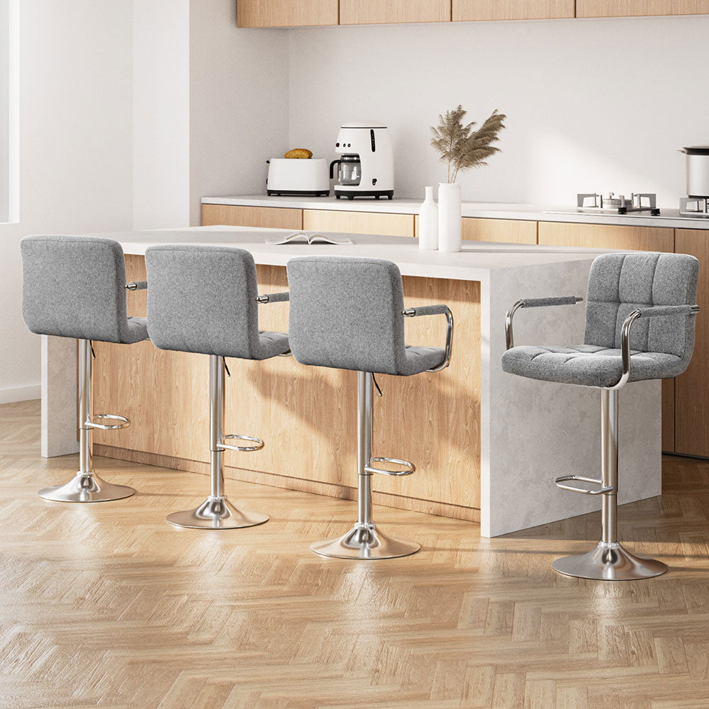 Set of 4 Foggia Bar Stools Fabric Gas Lift w/Armrest - Grey
