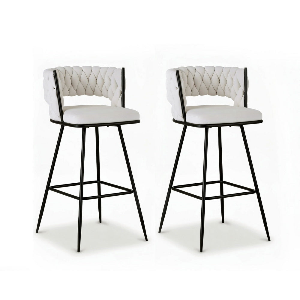 Set of 2 Asosa Bar Stools Kitchen Dining Chair Counter Stool Woven Velvet Metal - Ivory