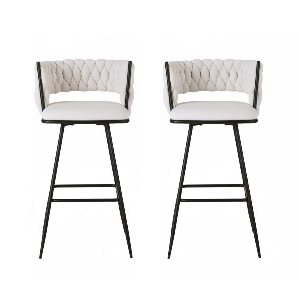 Set of 2 Asosa Bar Stools Kitchen Dining Chair Counter Stool Woven Velvet Metal - Ivory