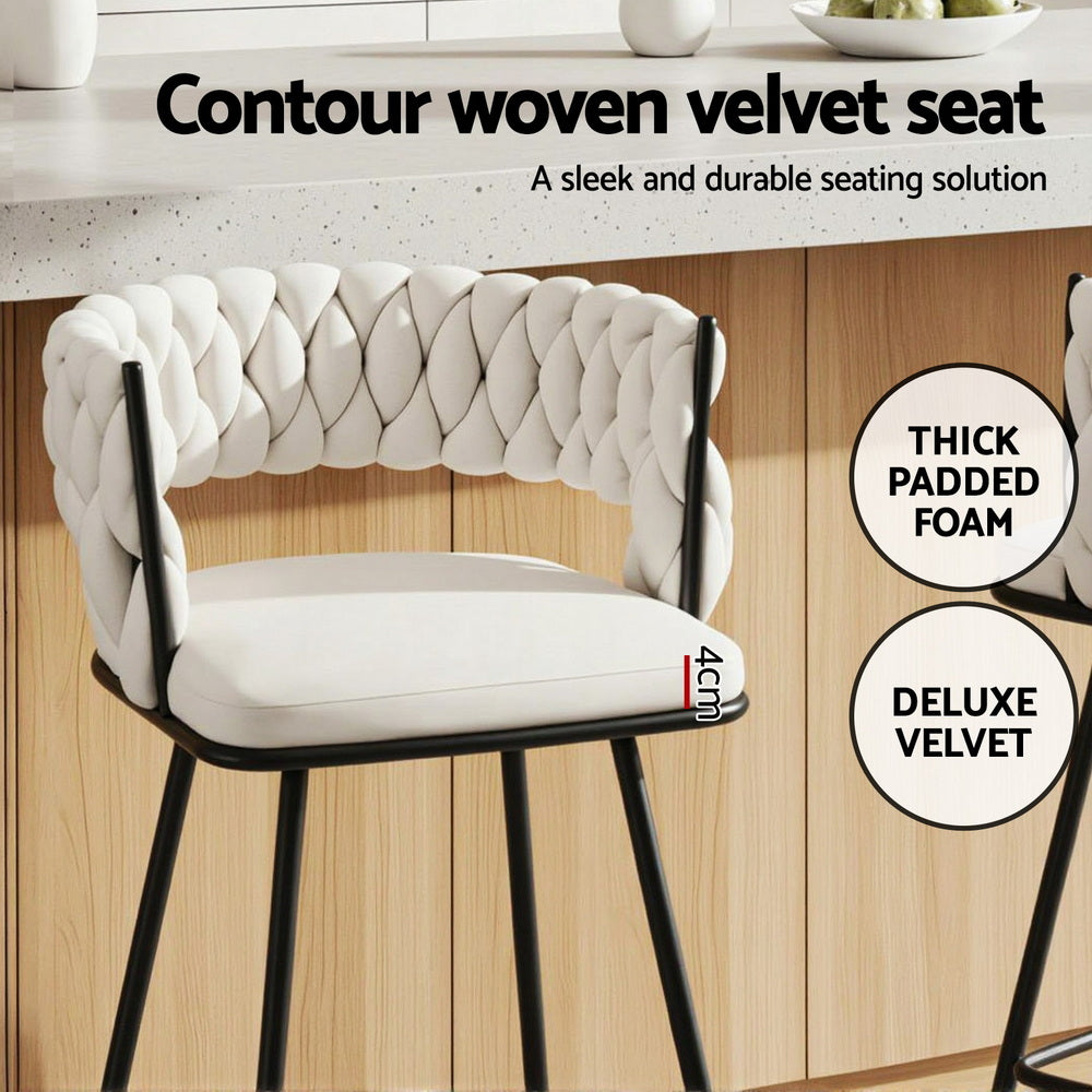 Set of 2 Asosa Bar Stools Kitchen Dining Chair Counter Stool Woven Velvet Metal - Ivory