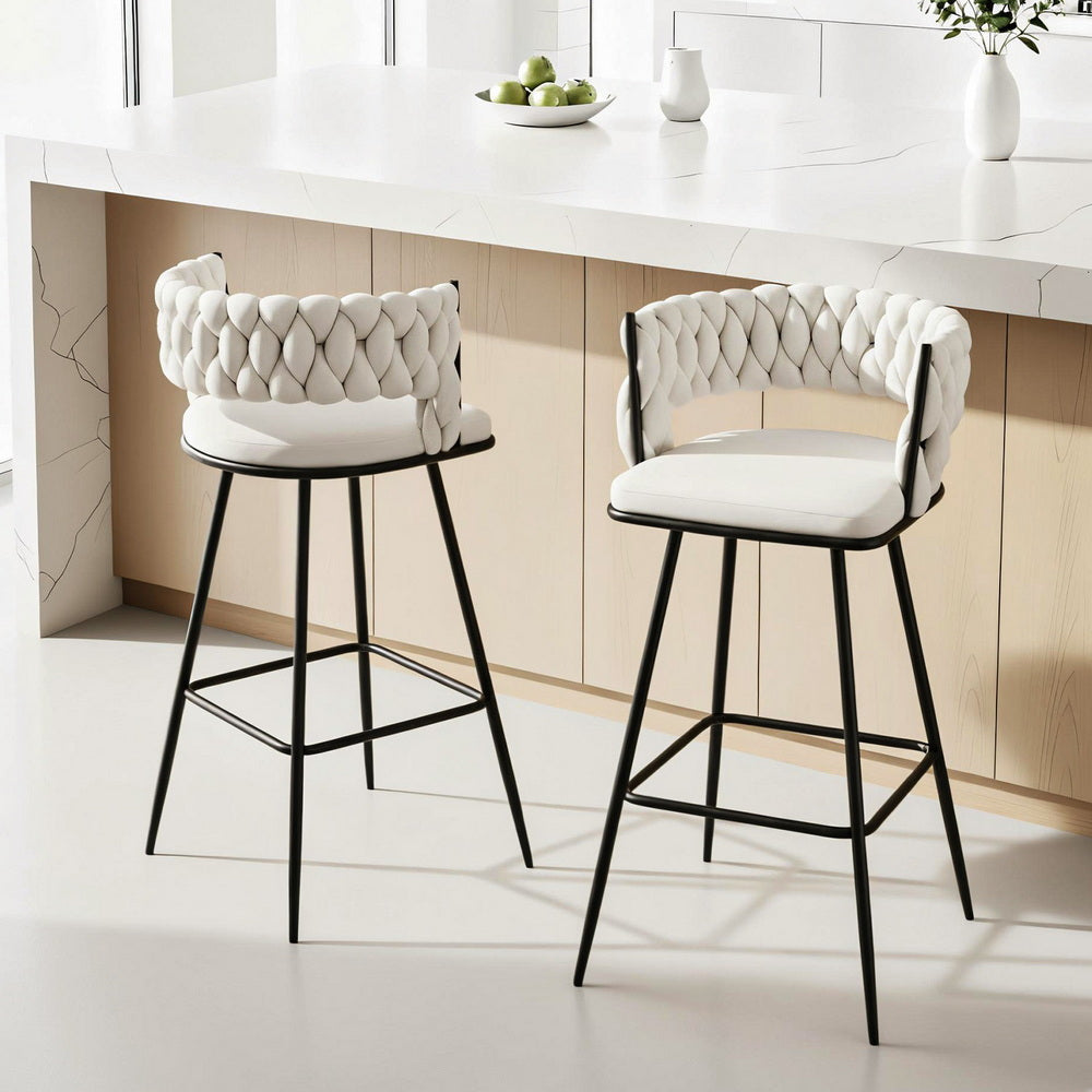 Set of 2 Asosa Bar Stools Kitchen Dining Chair Counter Stool Woven Velvet Metal - Ivory