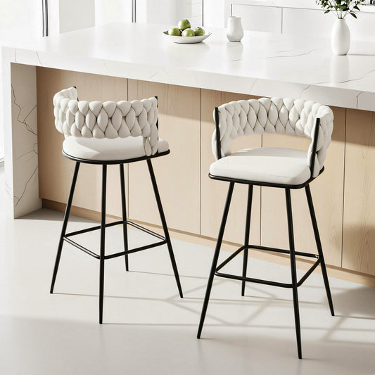 Set of 2 Asosa Bar Stools Kitchen Dining Chair Counter Stool Woven Velvet Metal - Ivory