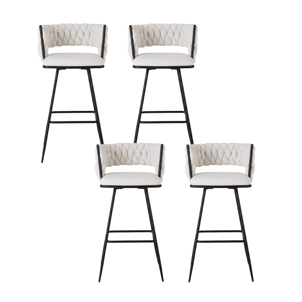 Set of 4 Asosa Bar Stools Kitchen Dining Chair Counter Stool Woven Velvet Metal - Ivory