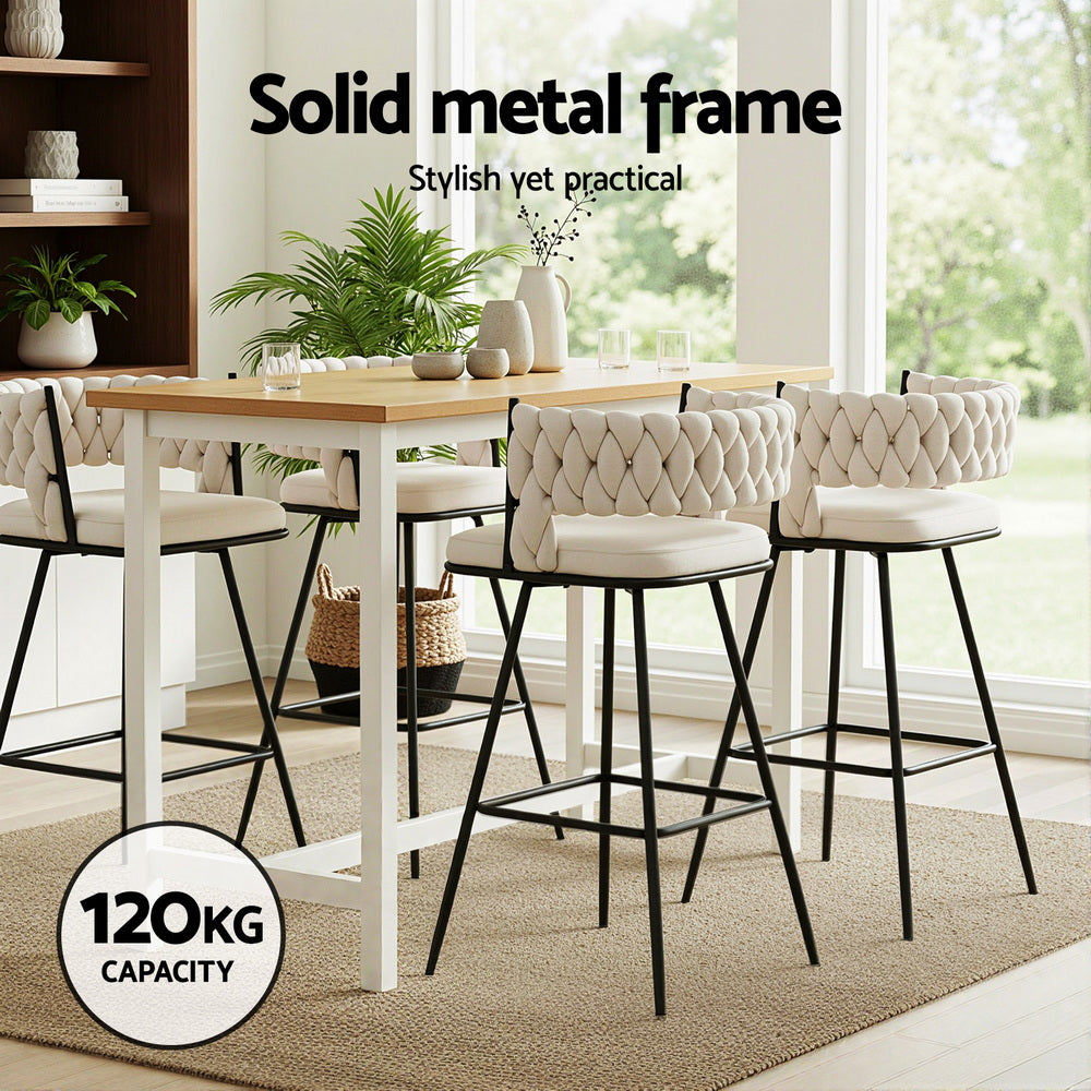 Set of 4 Asosa Bar Stools Kitchen Dining Chair Counter Stool Woven Velvet Metal - Ivory