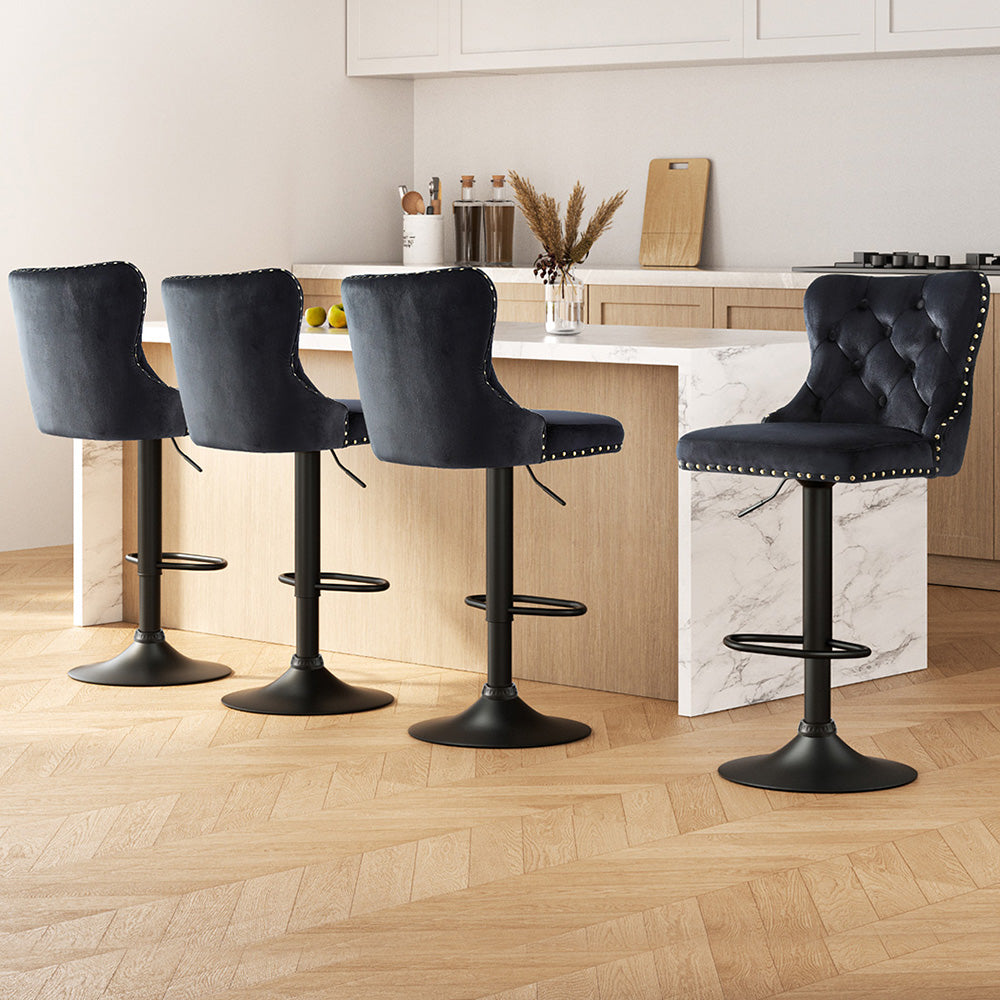 Set of 4  Capri Bar Stool Adjustable Height Nailhead Trim Kitchen Counter Stool - Black